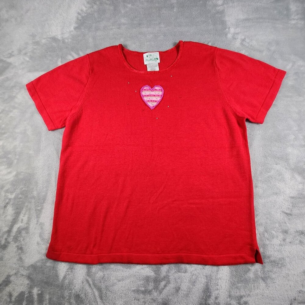 Quacker Factory Heart Sweater Top 1X Red Valentines Day Beaded Novelty Love